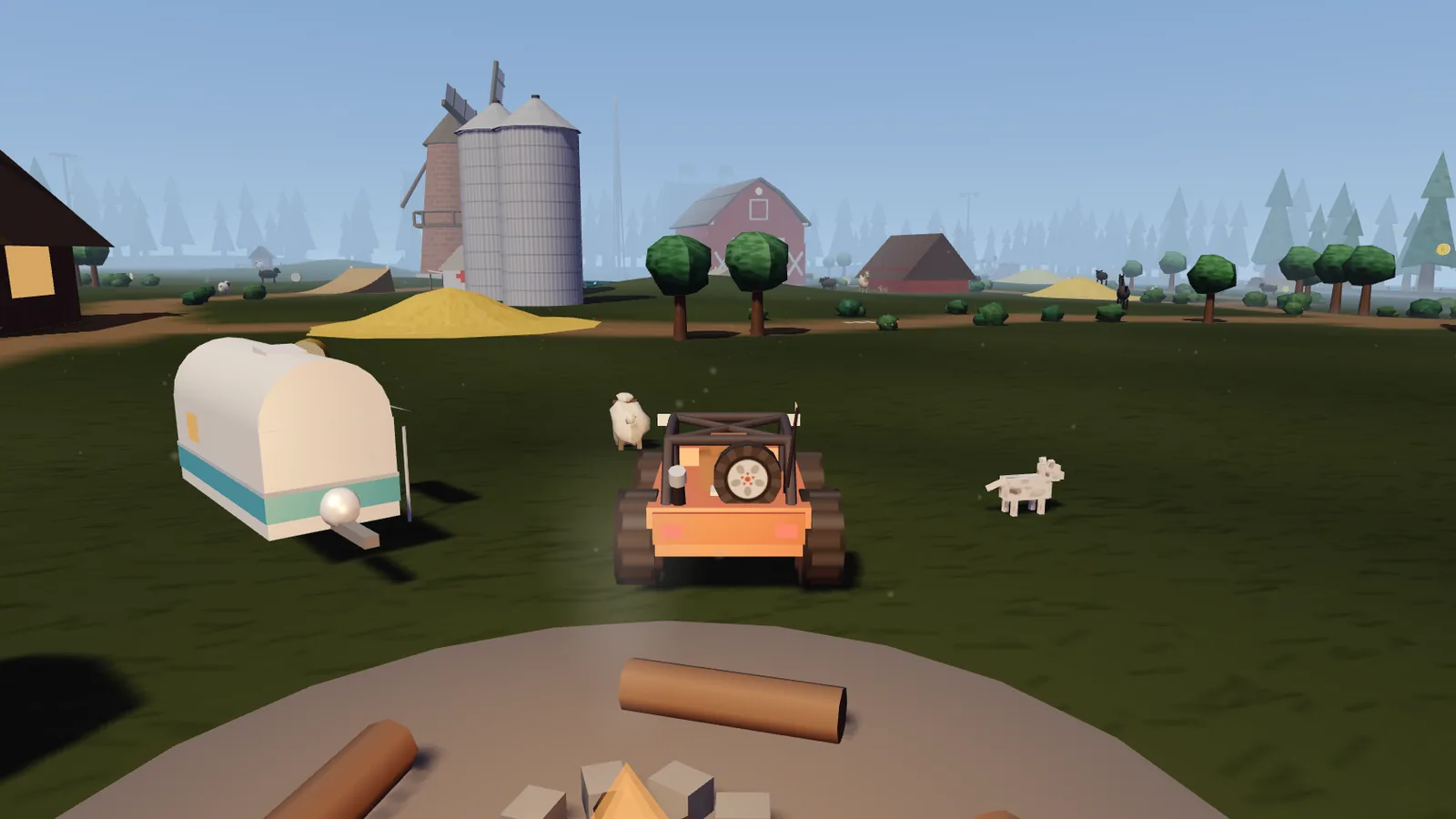 A low-polygon farmyard in daylight, seen from beside a campfire ring: an orange roll-caged buggy with a spare wheel on the back, a white camper trailer, a sheep and a spotted dog on the grass, and beyond them a brick windmill, twin grain bins, a red gambrel barn and a line of spruce.