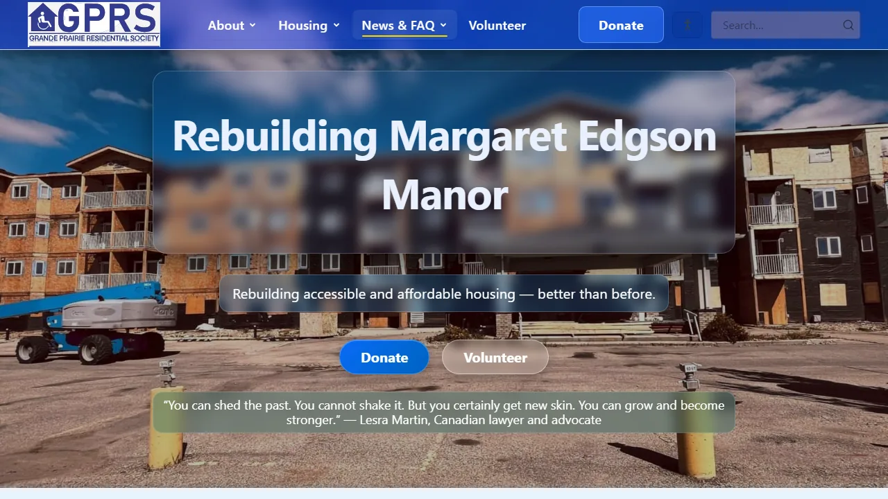 The rebuild page: a four-storey apartment building under repair with a boom lift in front, under the heading Rebuilding Margaret Edgson Manor.