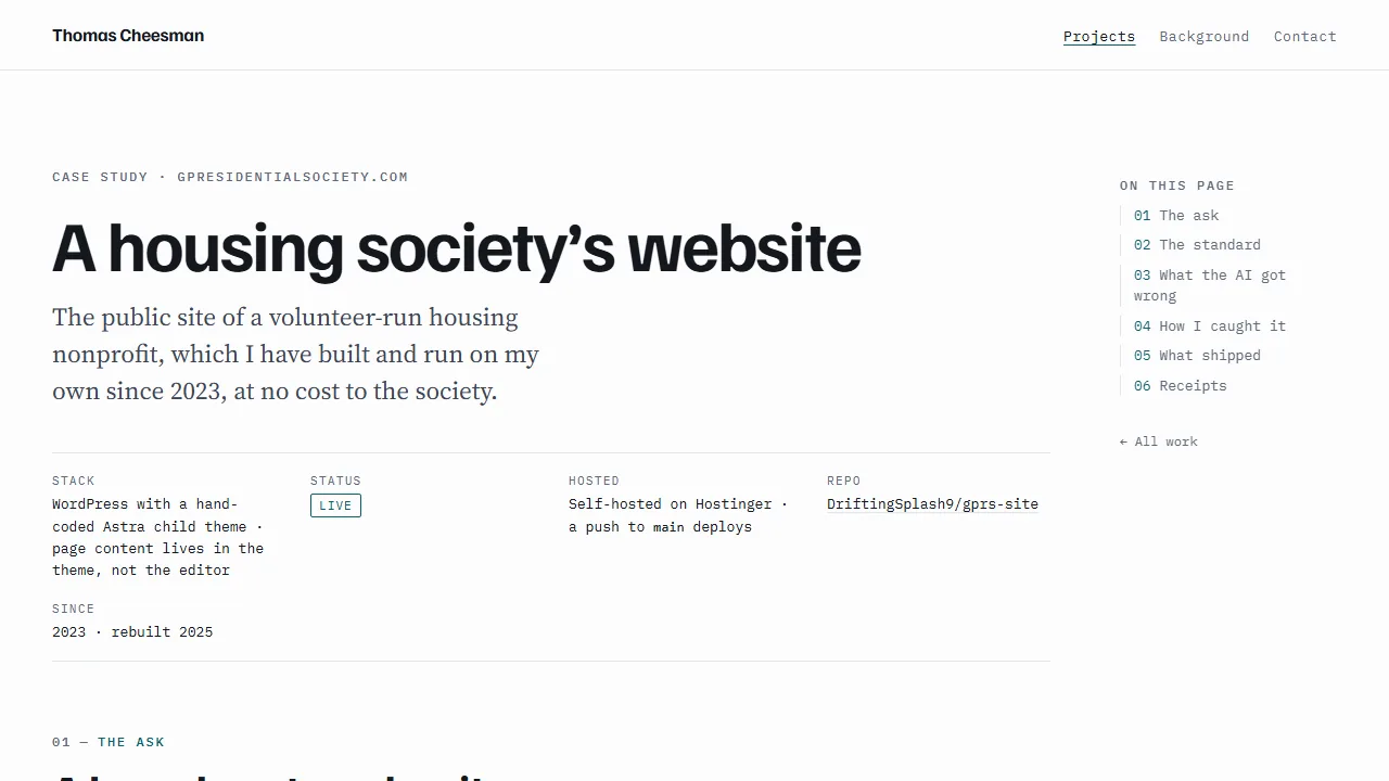 The GPRS case study: the heading A housing society's website, a one-line summary, a table of stack, status and hosting, and a side index of the six sections.