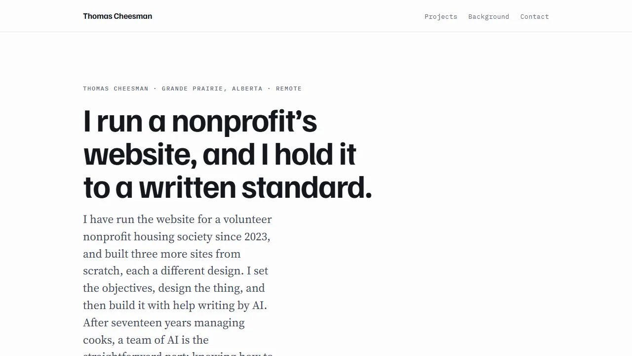 The home page: the heading I run a nonprofit's website, and I hold it to a written standard, above the opening paragraph, with Projects, Background and Contact in the menu.